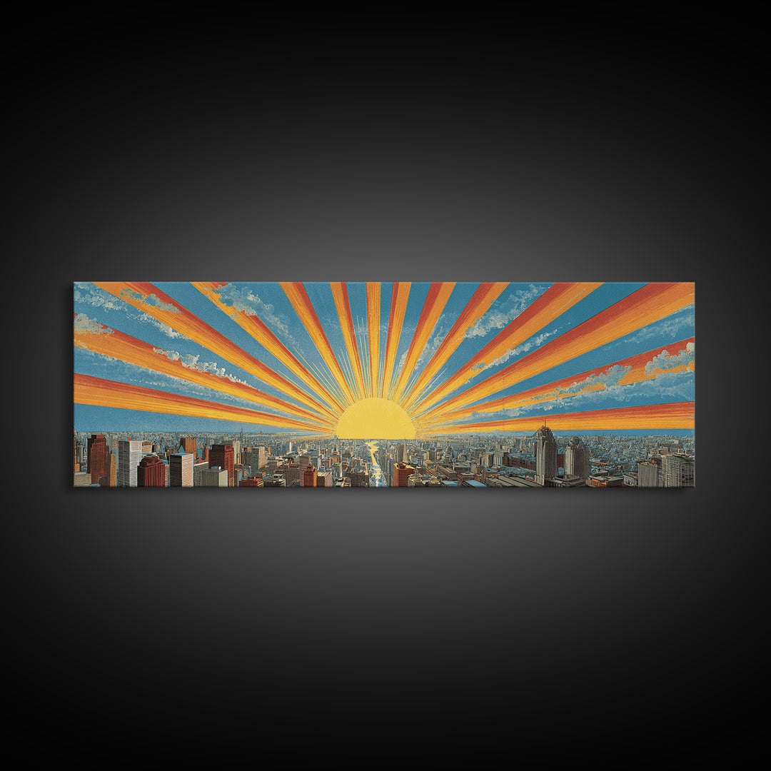 Radiant Sunrise City Skyline Framed Canvas Print, Panoramic Retro Travel Poster, Midcentury Modern Wall Art, Bright Home Decor
