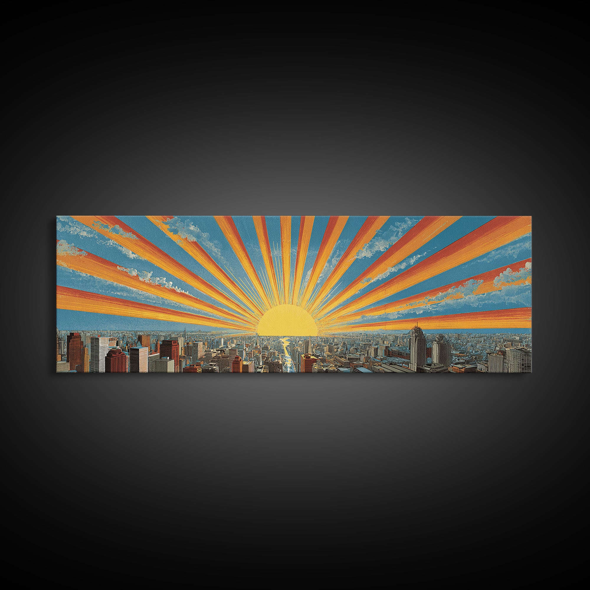 Radiant Sunrise City Skyline Framed Canvas Print, Panoramic Retro Travel Poster, Midcentury Modern Wall Art, Bright Home Decor