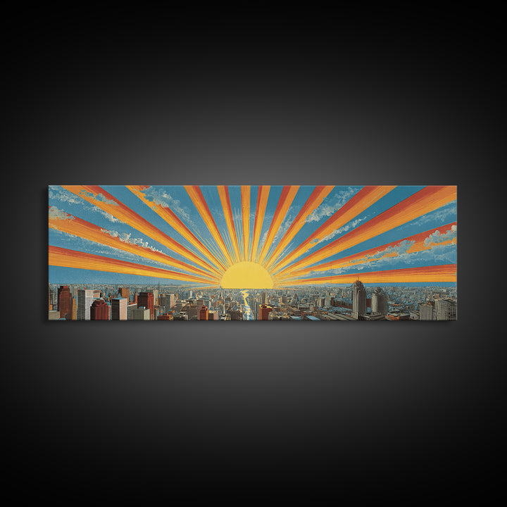 Radiant Sunrise City Skyline Framed Canvas Print, Panoramic Retro Travel Poster, Midcentury Modern Wall Art, Bright Home Decor