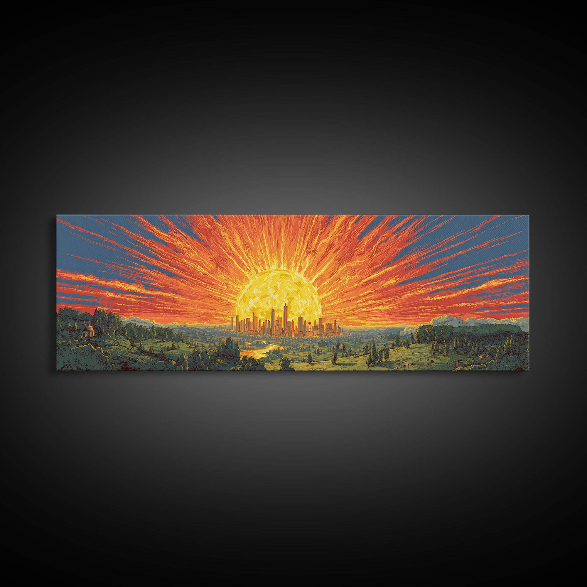 Fiery Solar Cityscape Canvas Print, Panoramic Apocalypse Sunset Poster, Bold Modern Abstract Art, Orange Wall Decor For Home