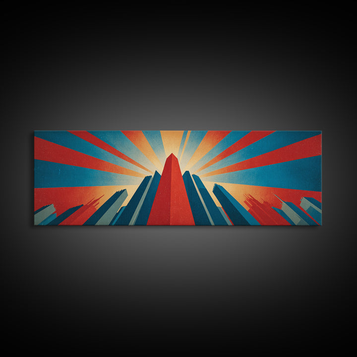 Dramatic Art Deco Skyscraper Wall Art, Panoramic Sunburst City Poster, Retro Modern Art Print, Bold Office Wall Decor Gift