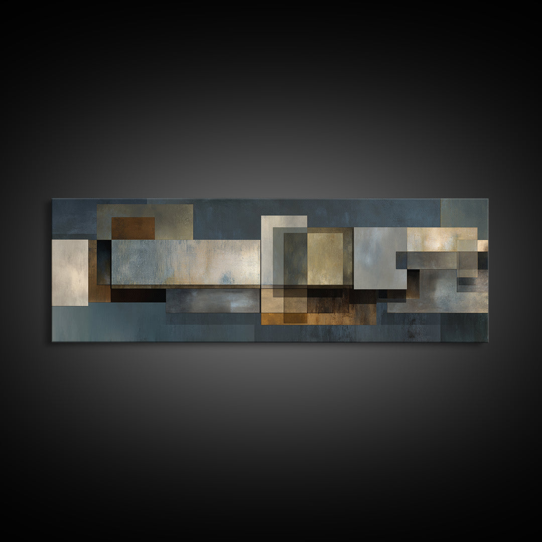 Moody Metallic Rectangle Canvas Print, Modern Abstract Wall Decor, Industrial Geometric Art, Blue Gold Home Office Artwork