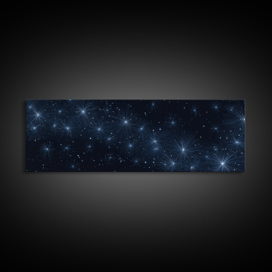 Deep Blue Starburst Night Wall Art, Cosmic Modern Abstract Print, Celestial Space Decor, Navy Bedroom And Home Office Canvas Gift
