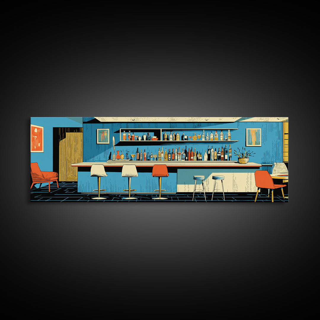Blue Midcentury Cocktail Bar Wall Art, Retro Lounge Poster, Modern Home Decor, Framed Canvas Print, Bar Cart Wall Decor Gift