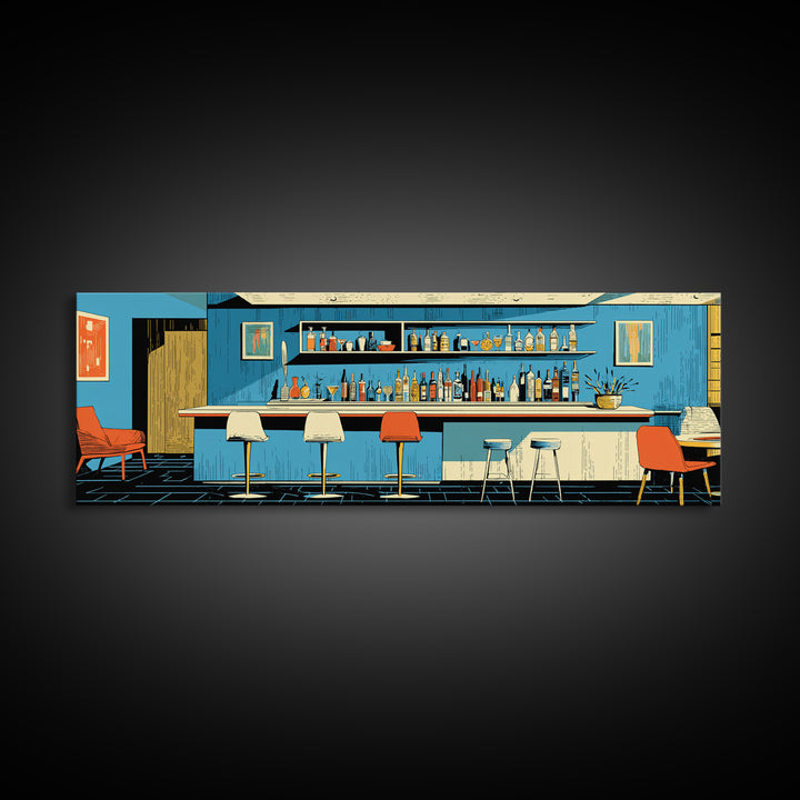 Blue Midcentury Cocktail Bar Wall Art, Retro Lounge Poster, Modern Home Decor, Framed Canvas Print, Bar Cart Wall Decor Gift