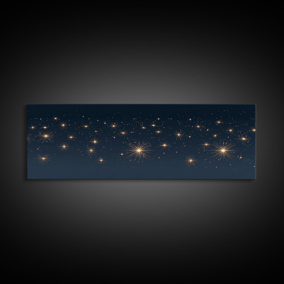Warm Gold Starry Night Canvas Print, Cosmic Modern Wall Art, Navy Celestial Space Decor, Elegant Bedroom And Home Office Poster Gift