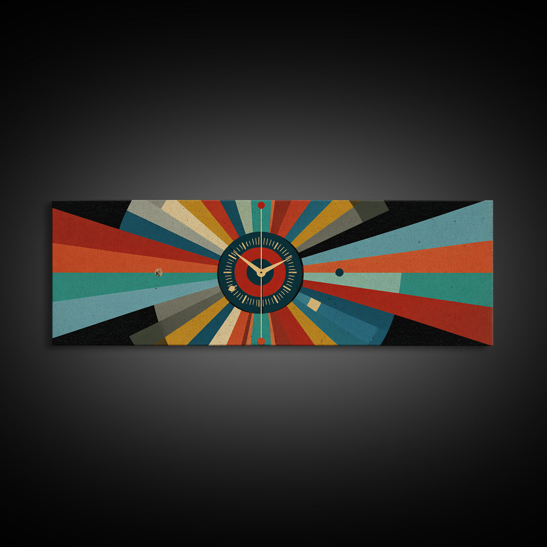 Atomic Clock Sunburst Wall Art, Midcentury Modern Canvas, Retro Geometric Poster, MCM Home Decor, Panoramic Abstract Print