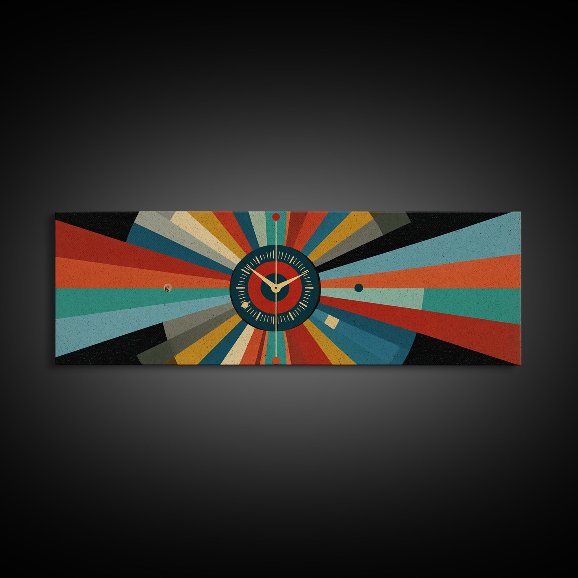 Atomic Clock Sunburst Wall Art, Midcentury Modern Canvas, Retro Geometric Poster, MCM Home Decor, Panoramic Abstract Print