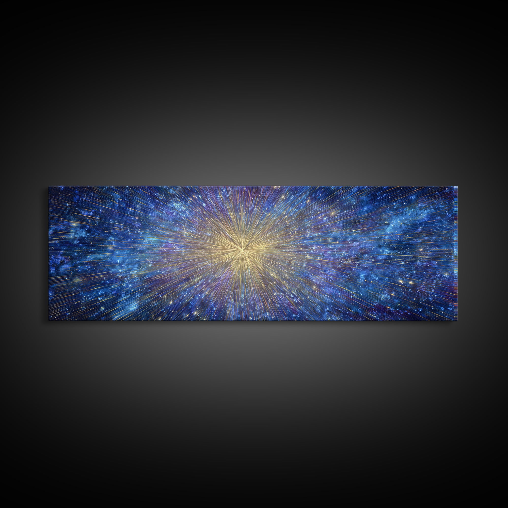 Blue Gold Cosmic Starburst Canvas Print, Space Abstract Wall Decor, Modern Digital Art, Galaxy Light Speed Panoramic Poster