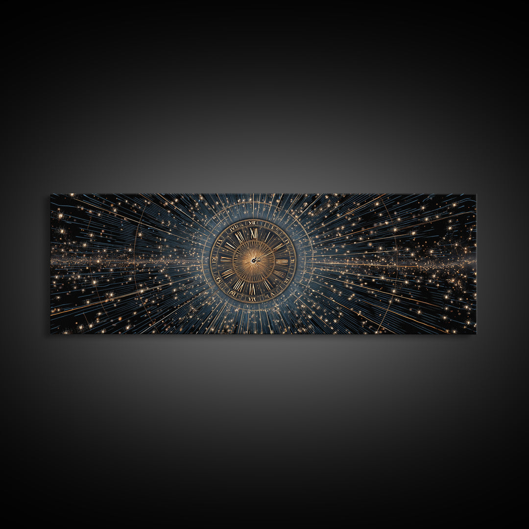 Celestial Clock Time Warp Wall Art, Gold Blue Cosmic Abstract Poster, Modern Space Decor, Panoramic Galaxy Artwork Print