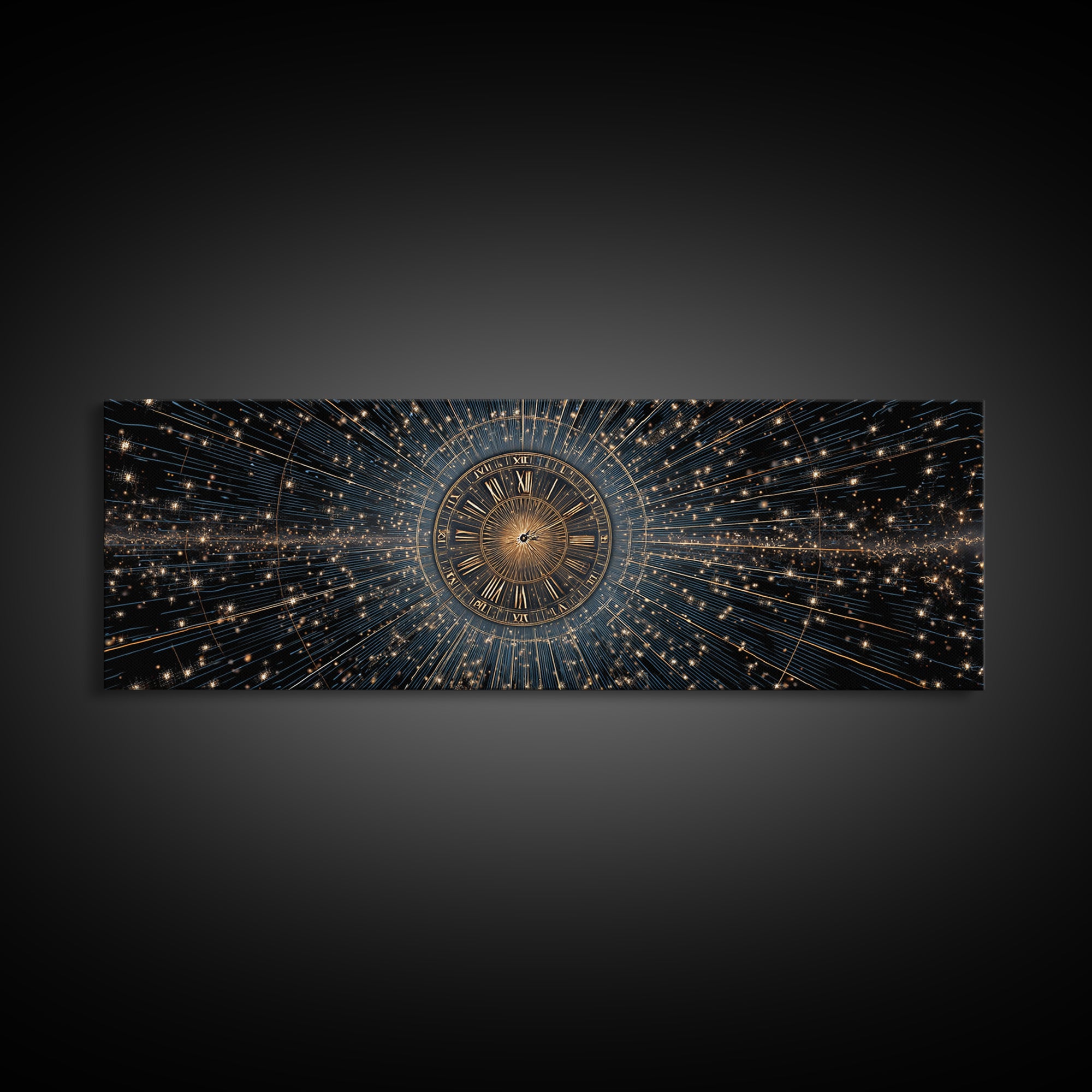 Celestial Clock Time Warp Wall Art, Gold Blue Cosmic Abstract Poster, Modern Space Decor, Panoramic Galaxy Artwork Print