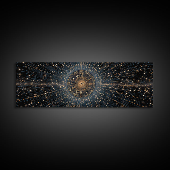 Celestial Clock Time Warp Wall Art, Gold Blue Cosmic Abstract Poster, Modern Space Decor, Panoramic Galaxy Artwork Print