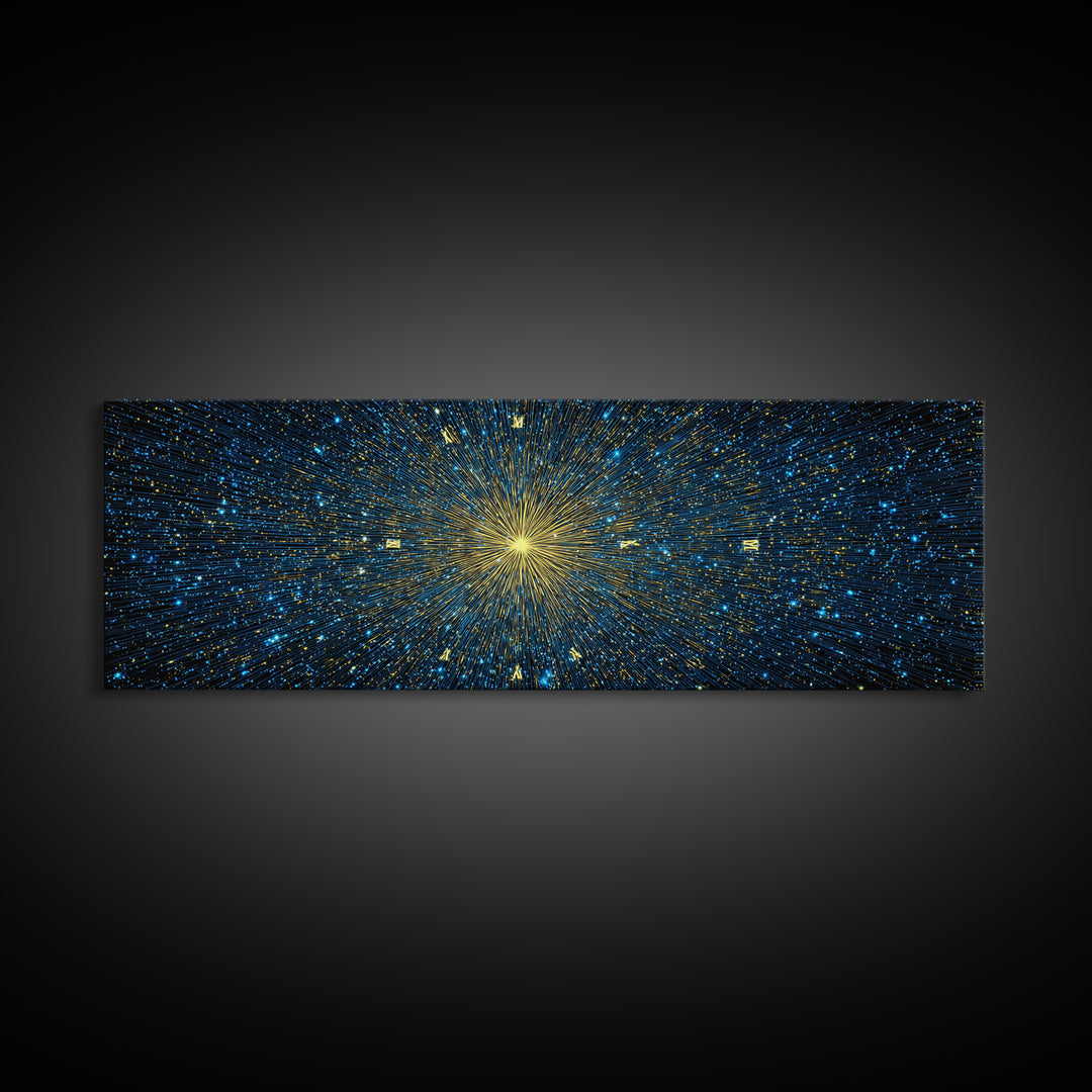 Golden Core Light Speed Canvas Print, Blue Galaxy Abstract Wall Decor, Modern Space Poster, Cosmic Panoramic Digital Artwork