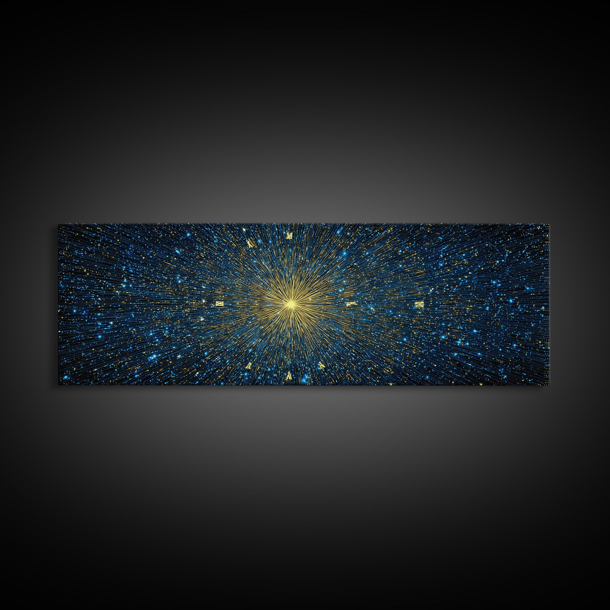 Golden Core Light Speed Canvas Print, Blue Galaxy Abstract Wall Decor, Modern Space Poster, Cosmic Panoramic Digital Artwork