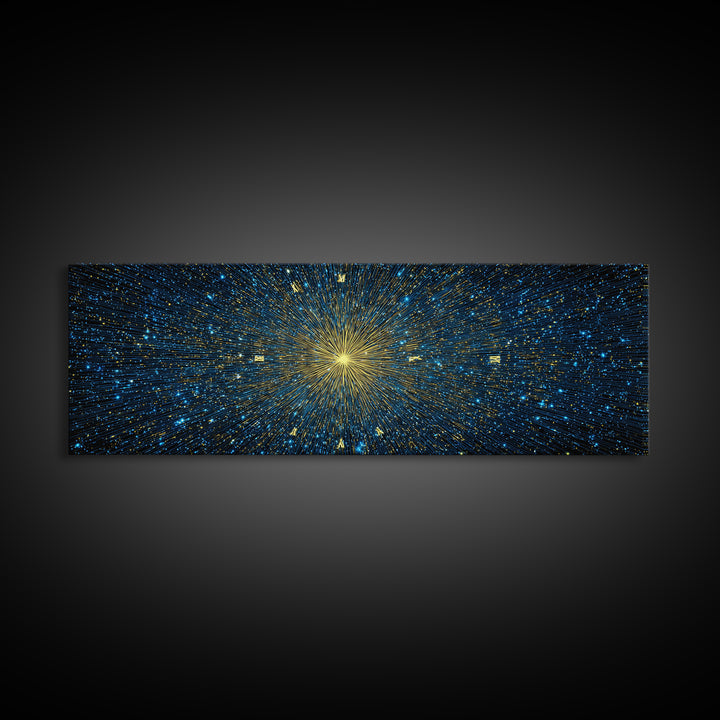 Golden Core Light Speed Canvas Print, Blue Galaxy Abstract Wall Decor, Modern Space Poster, Cosmic Panoramic Digital Artwork