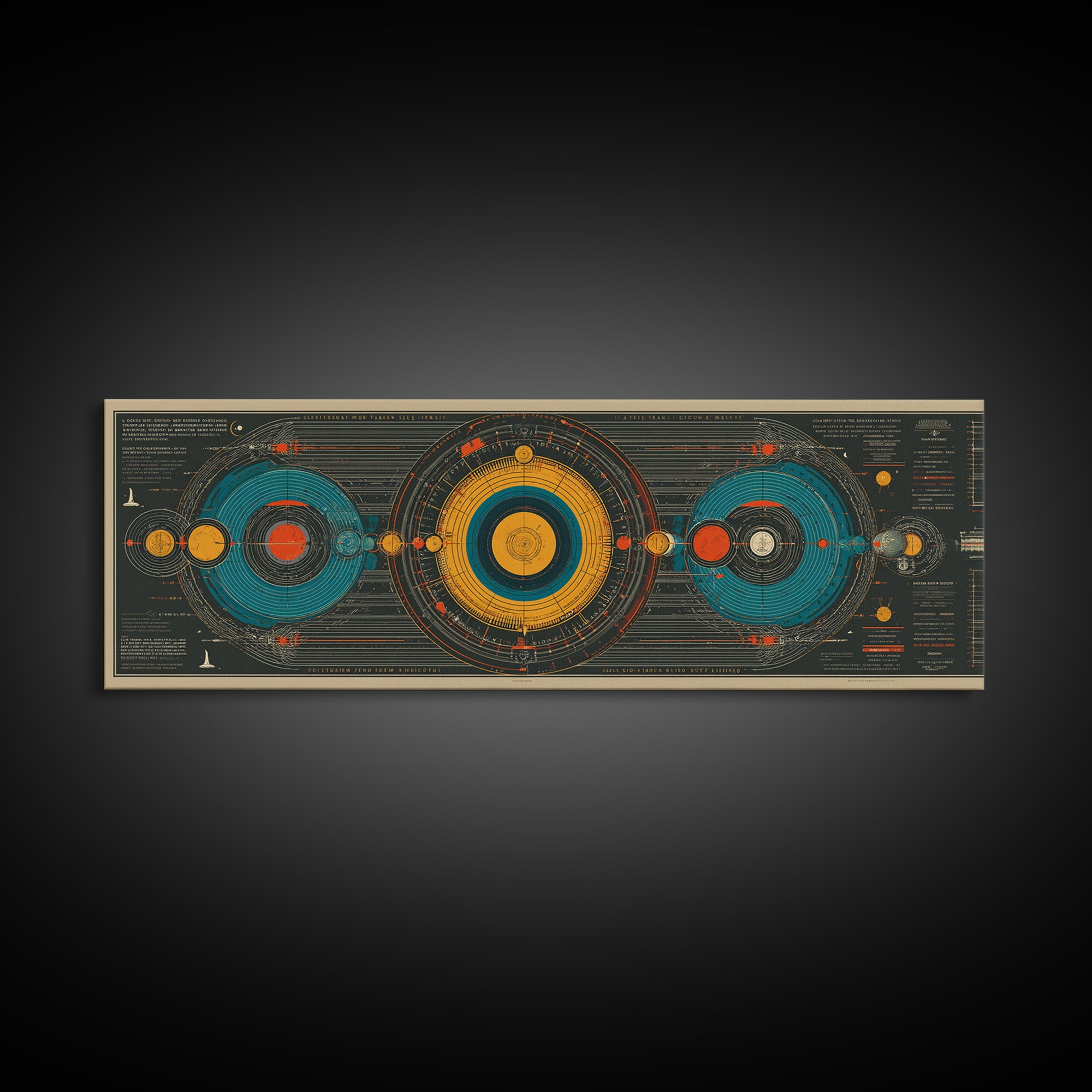 Retro Solar System Diagram Wall Art, Midcentury Modern Space Poster, Atomic MCM Decor, Panoramic Astronomy Canvas Print Gift