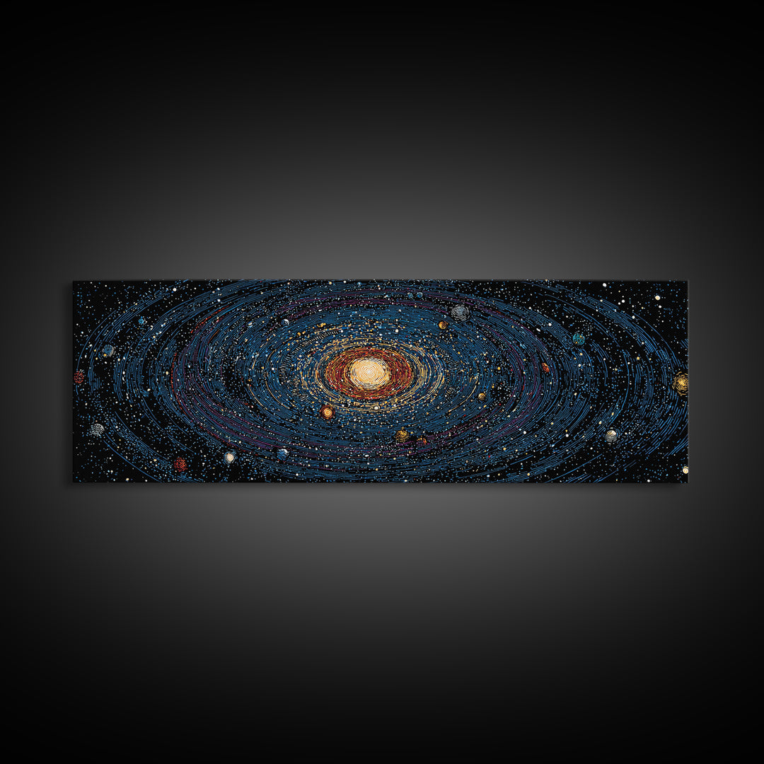 Spiral Galaxy Star Map Canvas Print, Blue Orange Cosmic Wall Decor, Modern Space Abstract Poster, Panoramic Astronomy Art