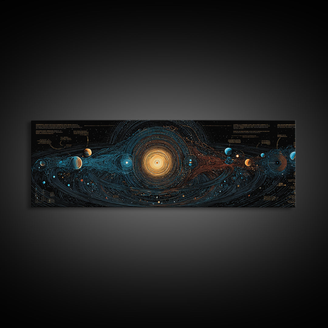 Solar System Energy Map Canvas Print, Blue Gold Cosmic Diagram Poster, Modern Astronomy Wall Decor, Panoramic Space Artwork