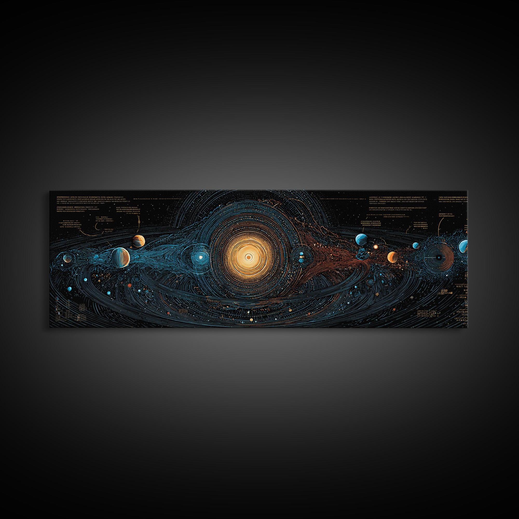 Solar System Energy Map Canvas Print, Blue Gold Cosmic Diagram Poster, Modern Astronomy Wall Decor, Panoramic Space Artwork