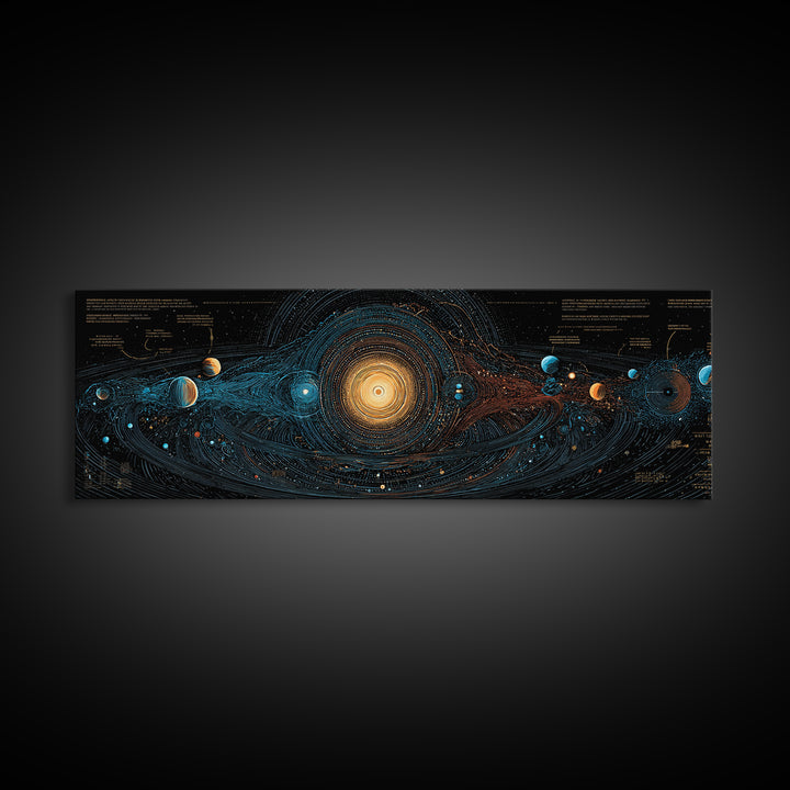 Solar System Energy Map Canvas Print, Blue Gold Cosmic Diagram Poster, Modern Astronomy Wall Decor, Panoramic Space Artwork