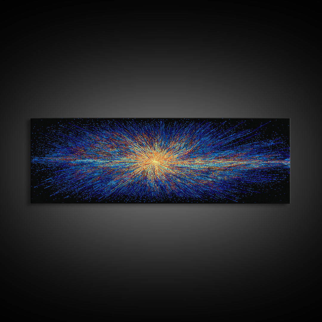 Blue And Orange Particle Burst Canvas Print, Cosmic Retro Wall Art, Modern Abstract Art Print, Space Abstract Art, Digital Art