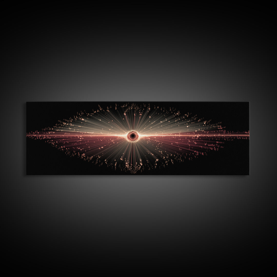 Red Black Hole Particle Burst Framed Canvas Print, Cosmic Retro Wall Art, Modern Abstract Art Print, Dark Space Decor Poster