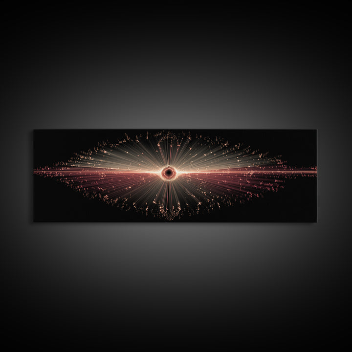 Red Black Hole Particle Burst Framed Canvas Print, Cosmic Retro Wall Art, Modern Abstract Art Print, Dark Space Decor Poster