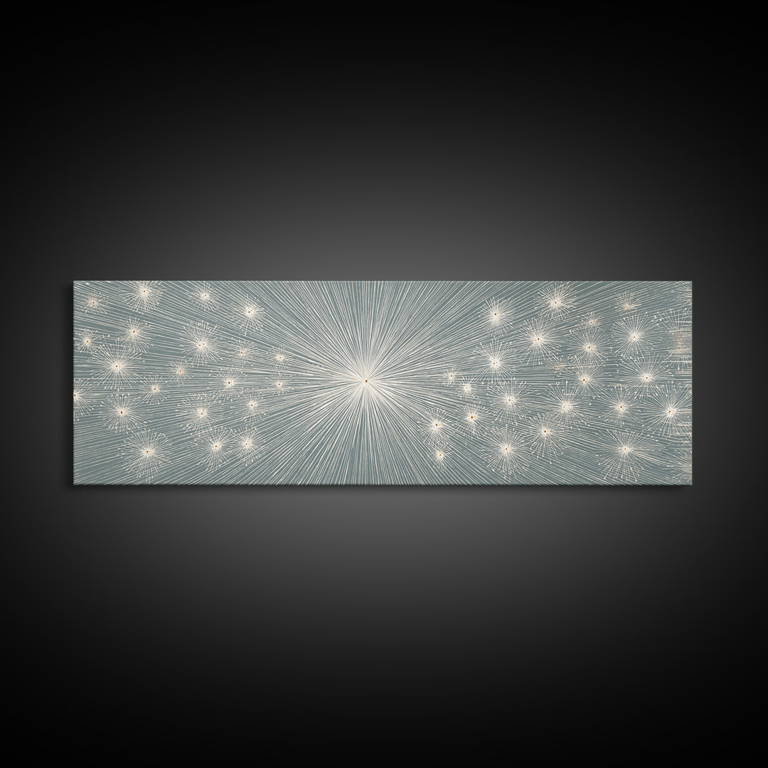 Radiant Silver Starburst Dotted Abstract Wall Art, Midcentury Modern Art Print, Atomic Retro Office Decor, Large Canvas Print