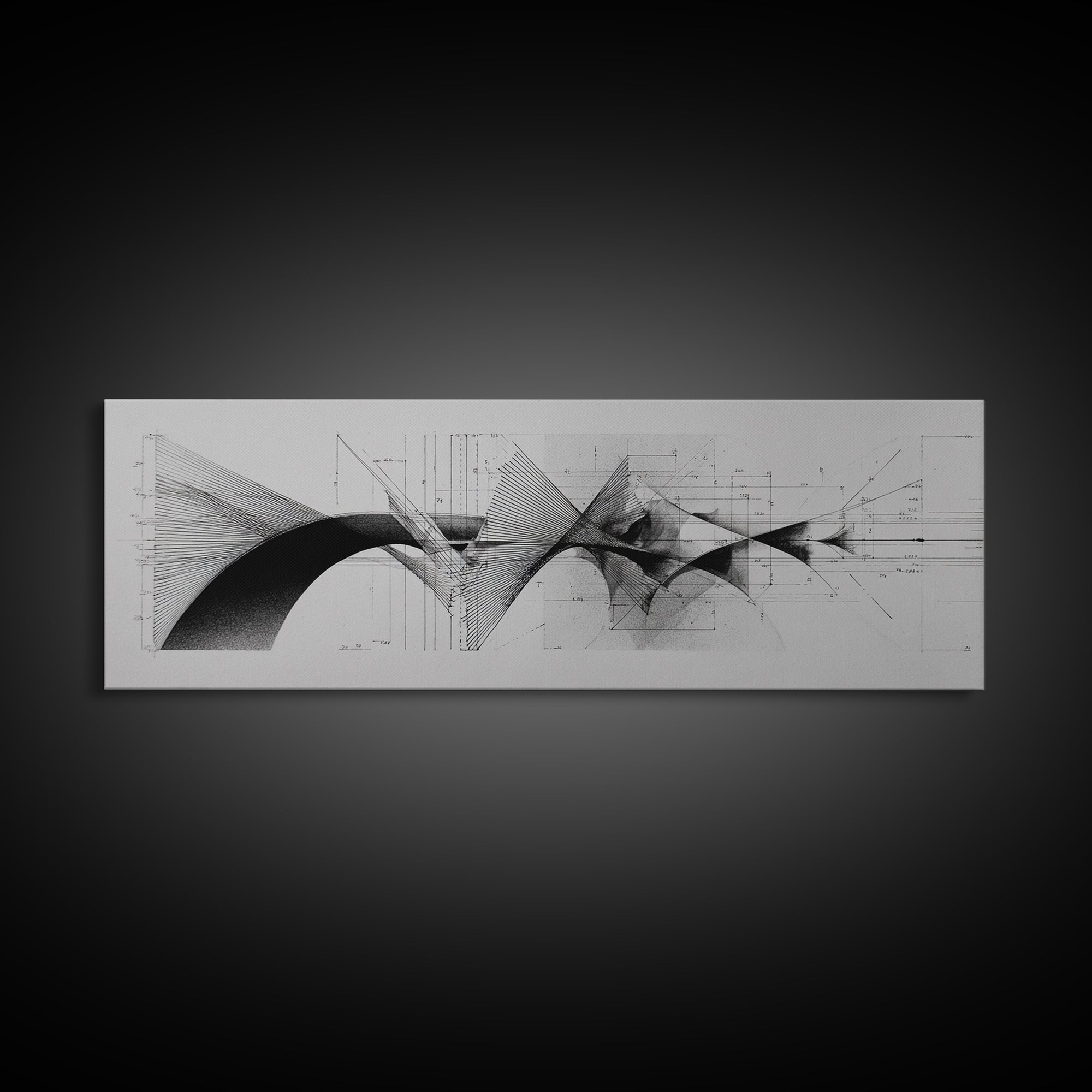 Monochrome Architectural Arcs And Lines Wall Art, Midcentury Modern Abstract Print, Black White Office Decor, Framed Canvas Print