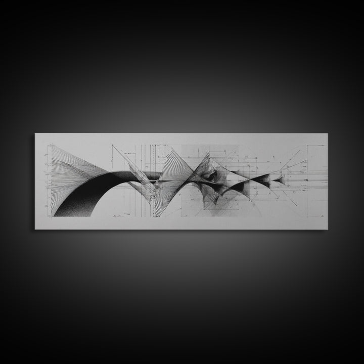 Monochrome Architectural Arcs And Lines Wall Art, Midcentury Modern Abstract Print, Black White Office Decor, Framed Canvas Print