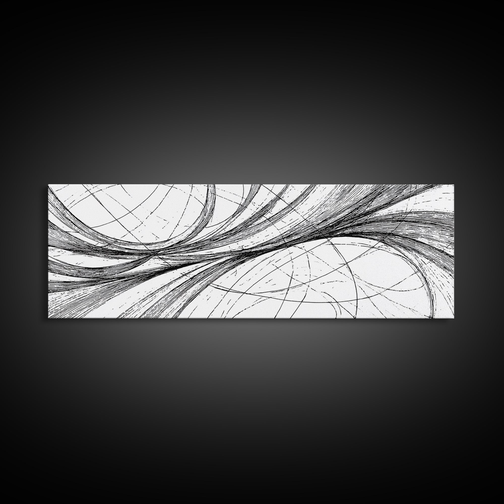 Sweeping Black White Ellipse Line Canvas Print, Modern Abstract Wall Art, Minimalist Geometric Office And Home Decor Print
