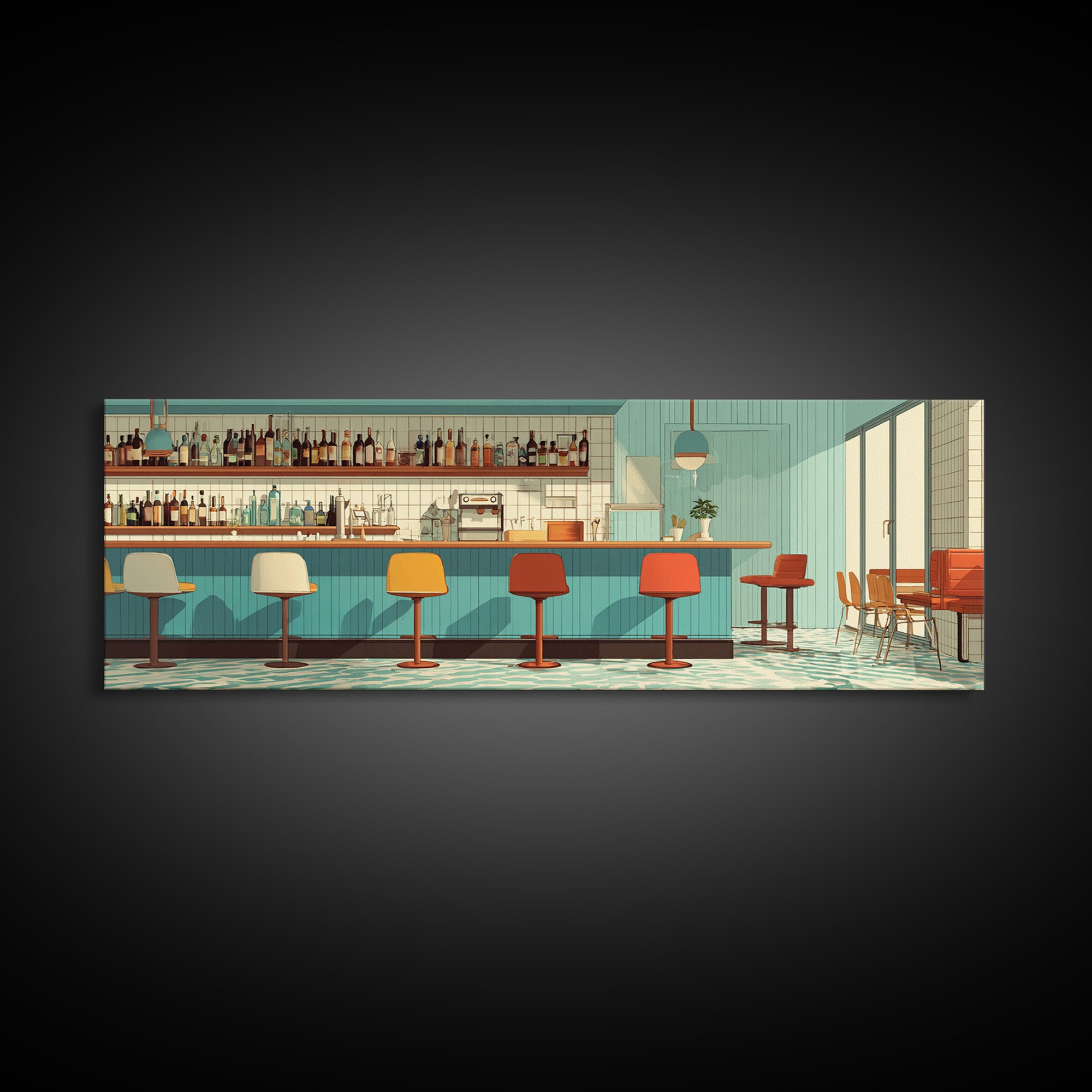 Sunlit Teal Bar With Orange Stools Framed Canvas Print, Mid Century Modern Decor, Retro Wall Art, Kitchen Poster, Large Prints