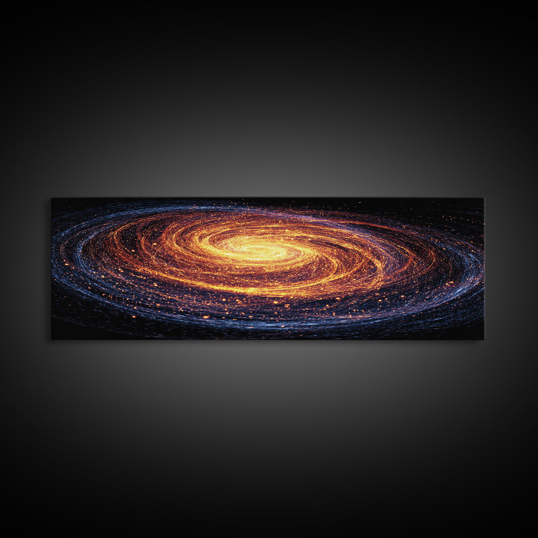 Glowing Spiral Galaxy In Orange And Blue Canvas Print, Cosmic Retro Art, Space Abstract Art, Modern Wall Decor, Panoramic Living Room Art