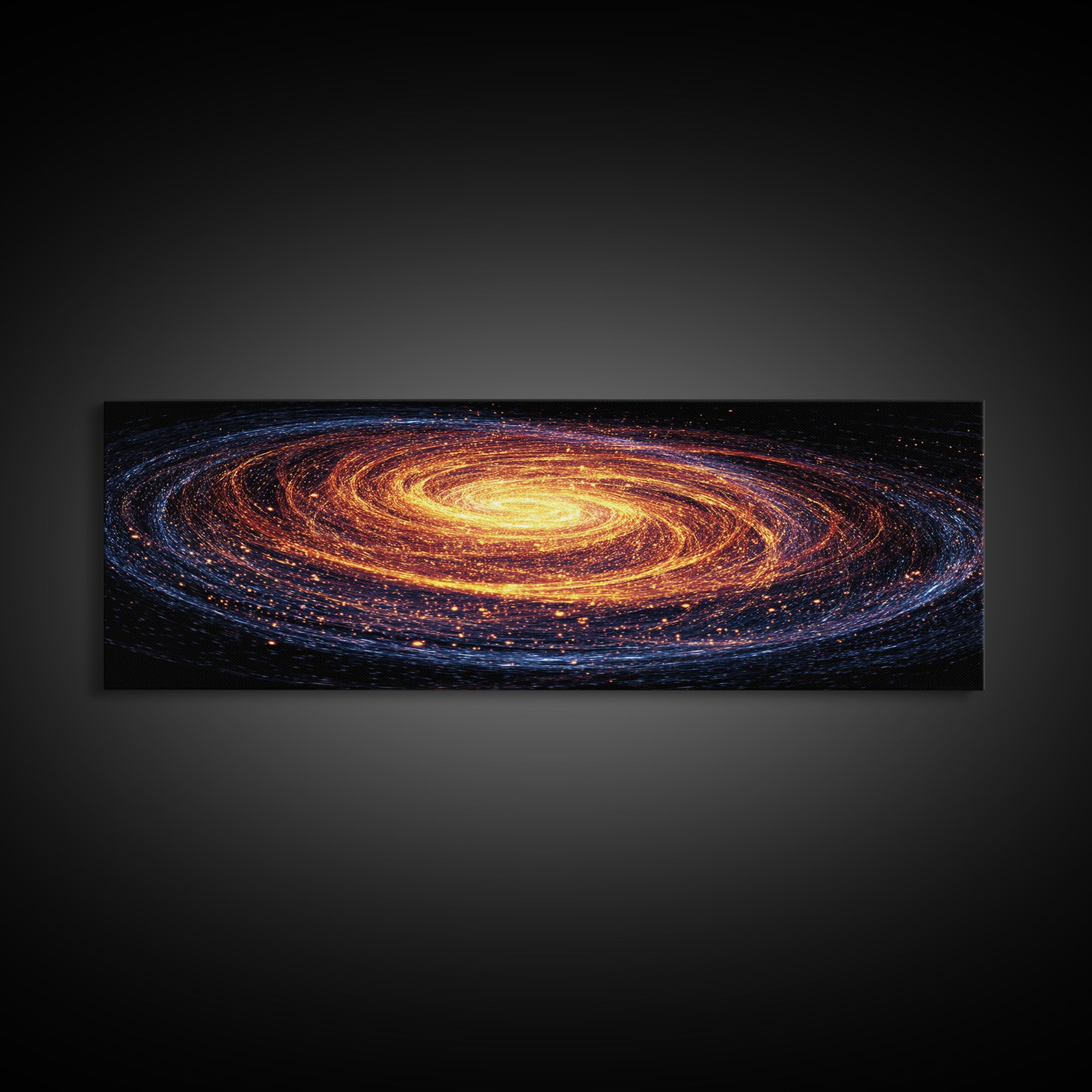 Glowing Spiral Galaxy In Orange And Blue Canvas Print, Cosmic Retro Art, Space Abstract Art, Modern Wall Decor, Panoramic Living Room Art