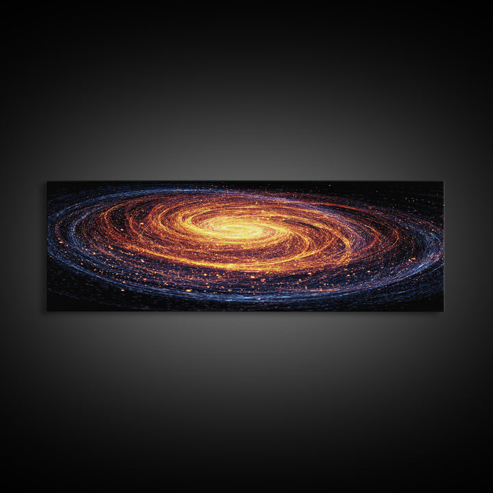 Glowing Spiral Galaxy In Orange And Blue Canvas Print, Cosmic Retro Art, Space Abstract Art, Modern Wall Decor, Panoramic Living Room Art