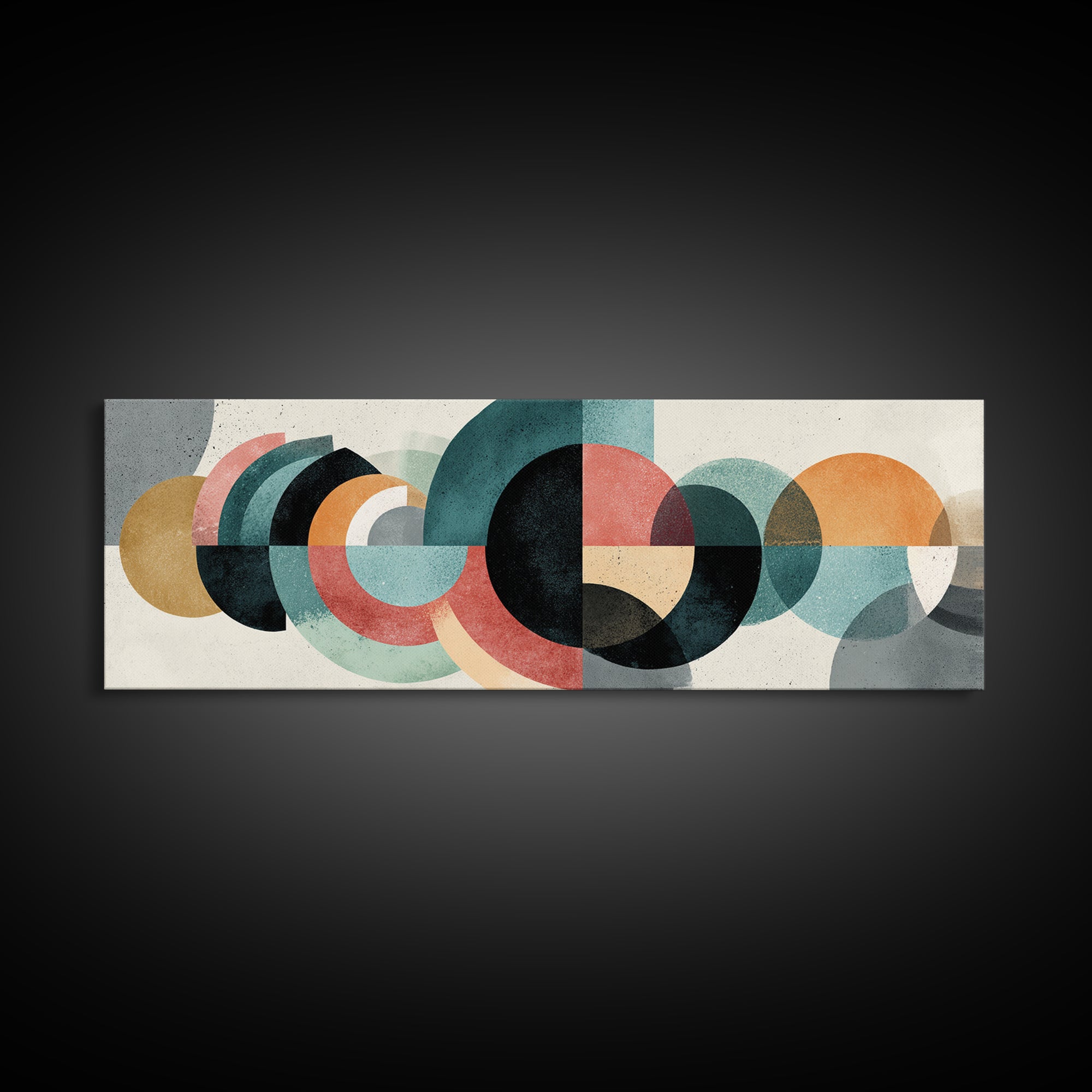 Layered Teal Coral Mustard Circle Wall Art, Midcentury Modern Abstract Art, Bauhaus Geometric Decor, Framed Canvas Print