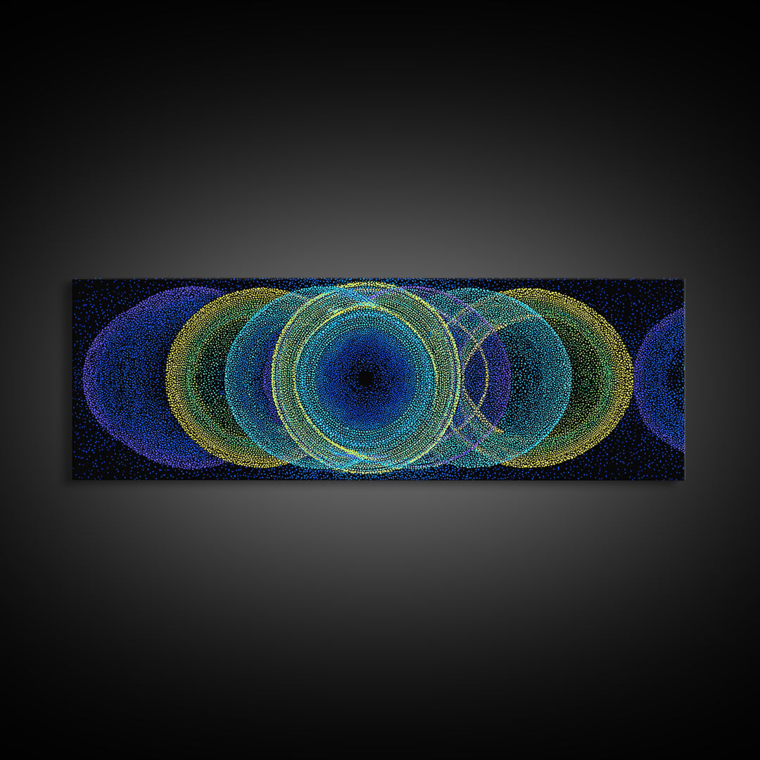 Neon Blue Green Overlapping Circles Canvas Print, Modern Abstract Art, Retro Geometric Wall Decor, Colorful Office Wall Art