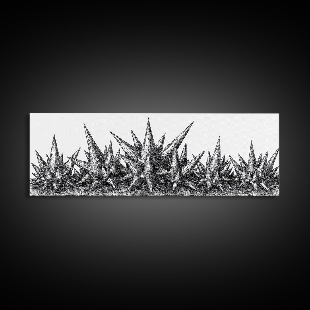 Black Spiky Crystal Landscape Wall Art, Minimalist Abstract Line Art, Monochrome Modern Wall Decor, Framed Canvas Print Gift
