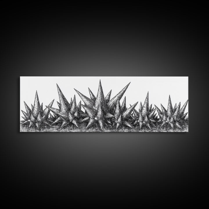Black Spiky Crystal Landscape Wall Art, Minimalist Abstract Line Art, Monochrome Modern Wall Decor, Framed Canvas Print Gift
