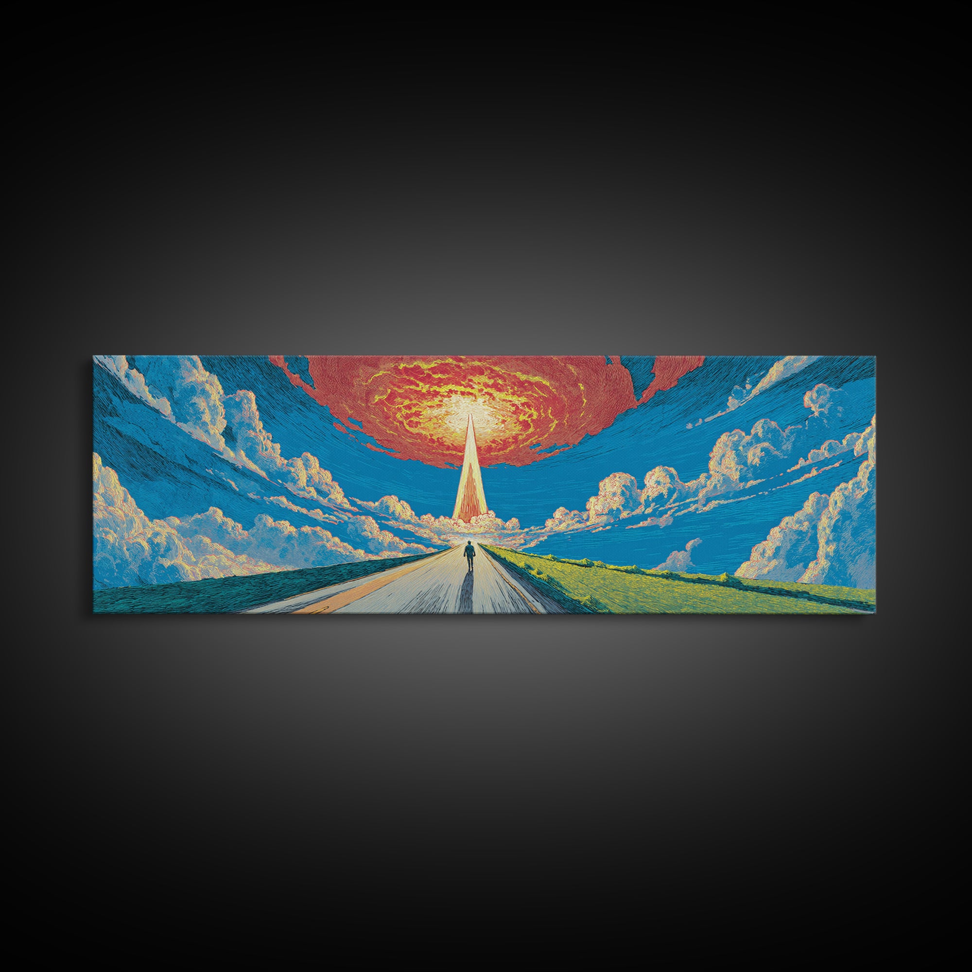 Surreal Road To Radiant Tower Wall Art, Sci Fi Retro Poster, Colorful Landscape Canvas Print, Modern Living Room Decor And Office Art