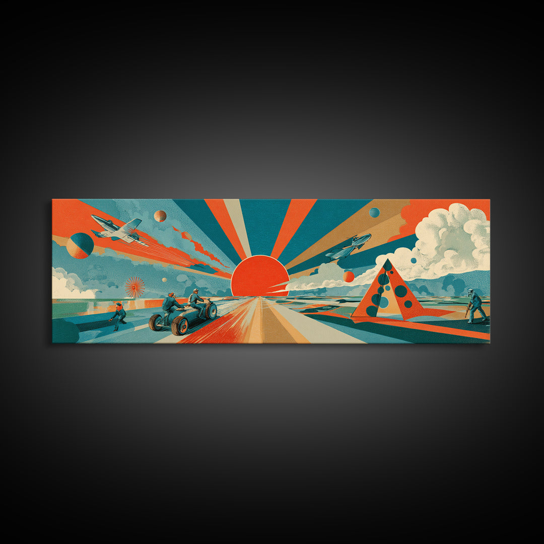 Retro Futurist Desert Sunrise With Jets And Rover Wall Art, Midcentury Modern Space Poster, Atomic MCM Decor, Sci Fi Print