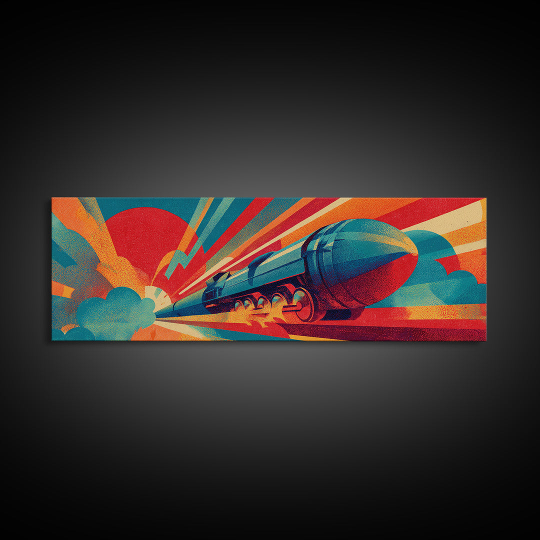 Streamlined Rocket Train Racing Past Red Sun Canvas Print, Midcentury Modern Art, Retro Futuristic Rail Poster, MCM Wall Decor