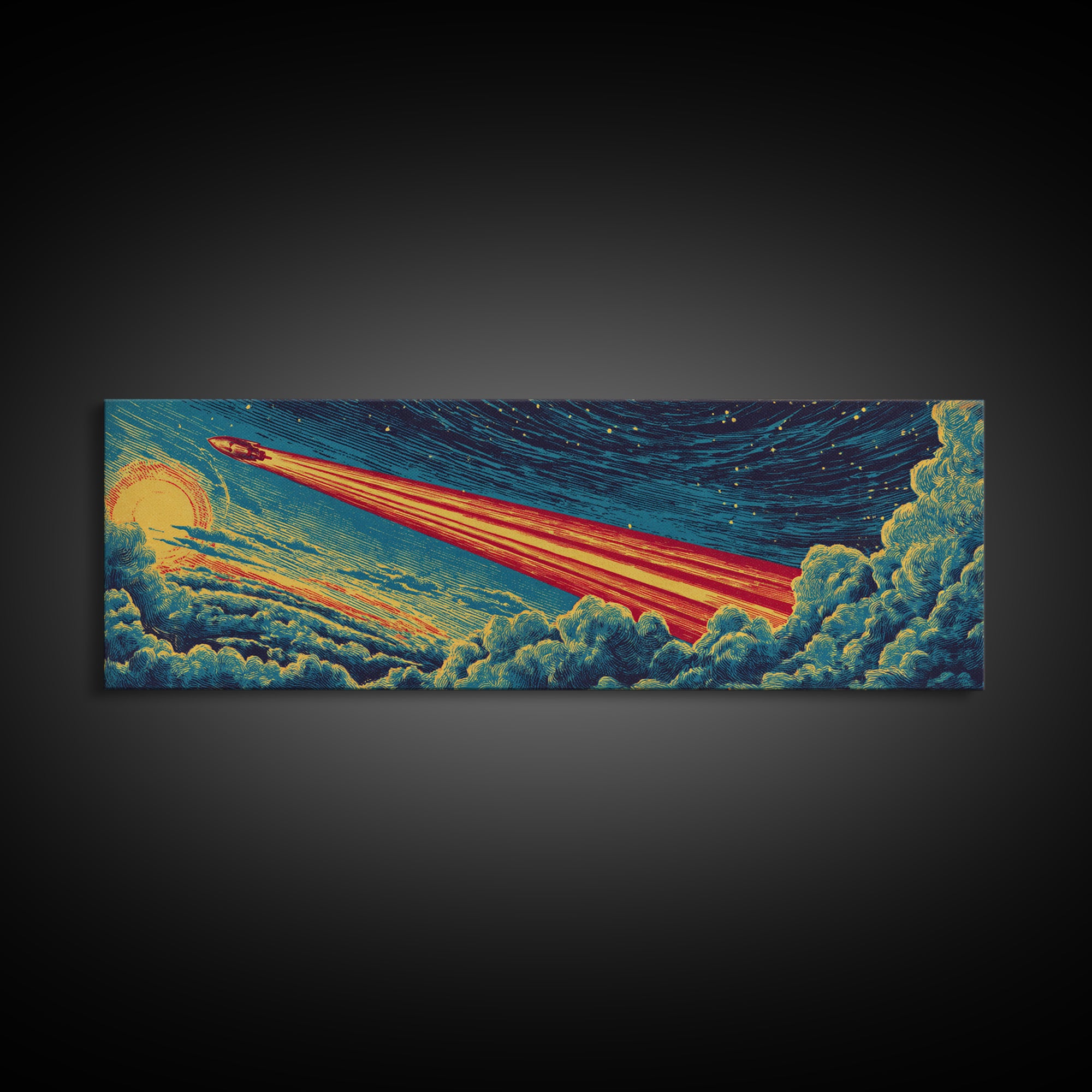 Rocket Blazing Through Night Clouds Framed Canvas Print, Midcentury Modern Space Art, Retro Sci Fi Poster, Cosmic Wall Decor