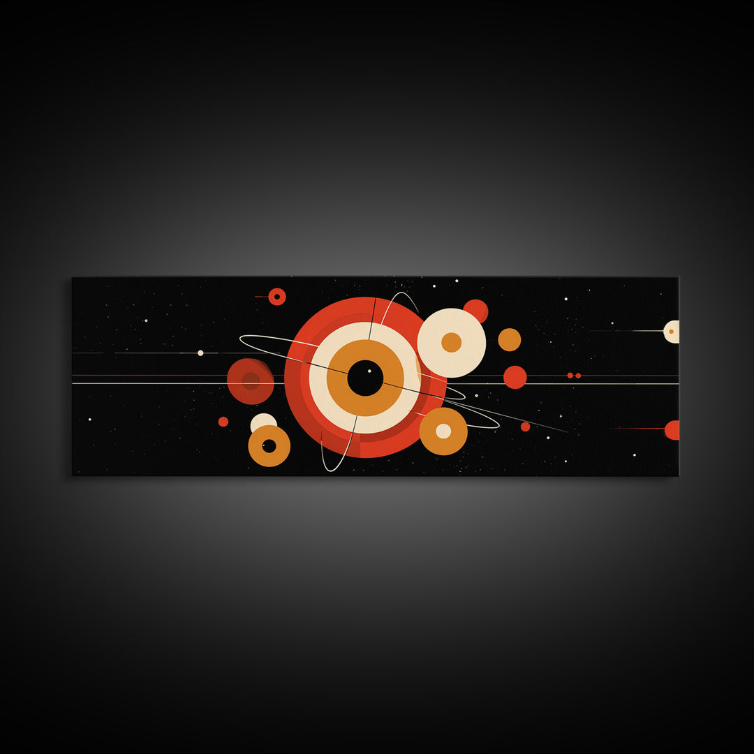 Black Space Abstract With Orange Orbit Circles Wall Art, Midcentury Modern Geometric Print, Atomic MCM Poster, Retro Decor