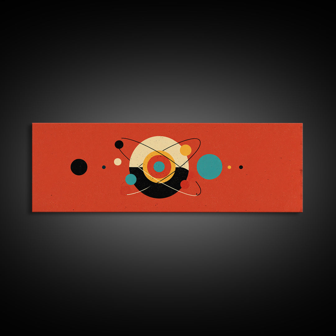 Red Atomic Abstract With Orbiting Circles Canvas Print, Midcentury Modern Wall Art, Geometric MCM Poster, Retro Home Decor