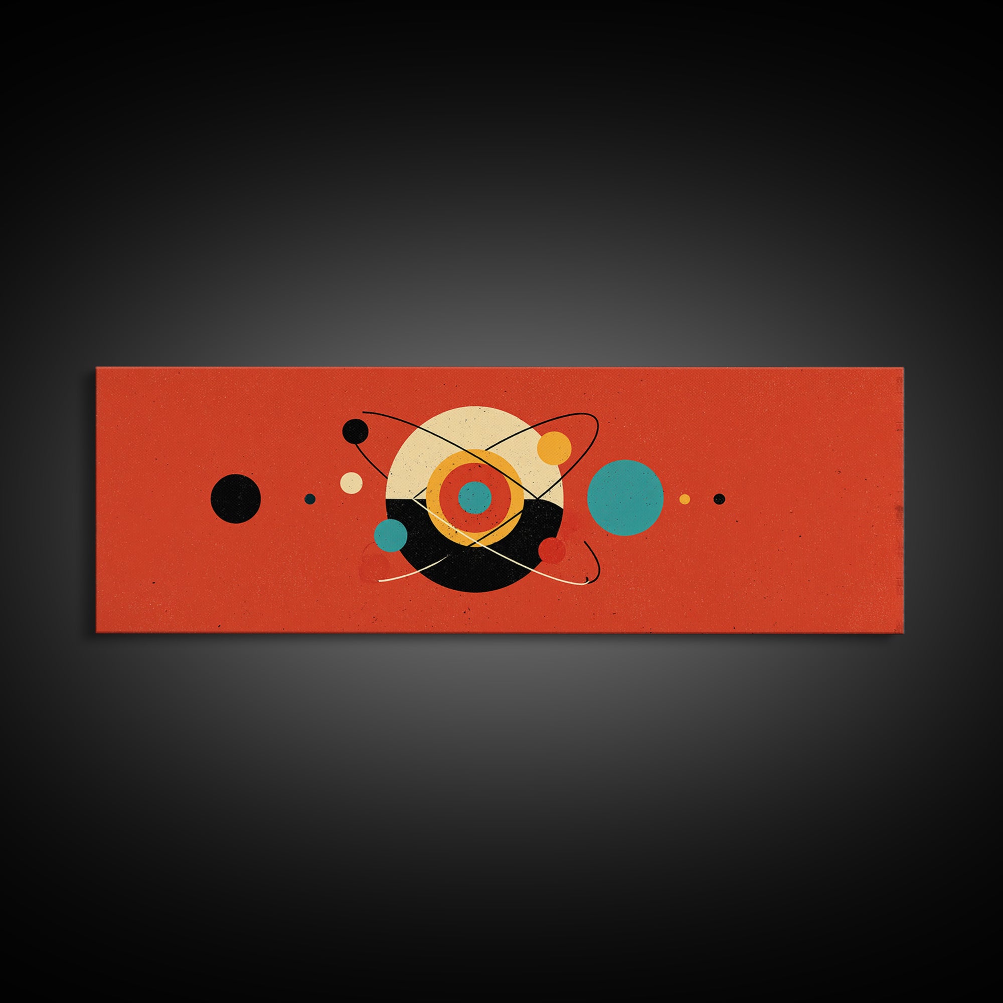 Red Atomic Abstract With Orbiting Circles Canvas Print, Midcentury Modern Wall Art, Geometric MCM Poster, Retro Home Decor