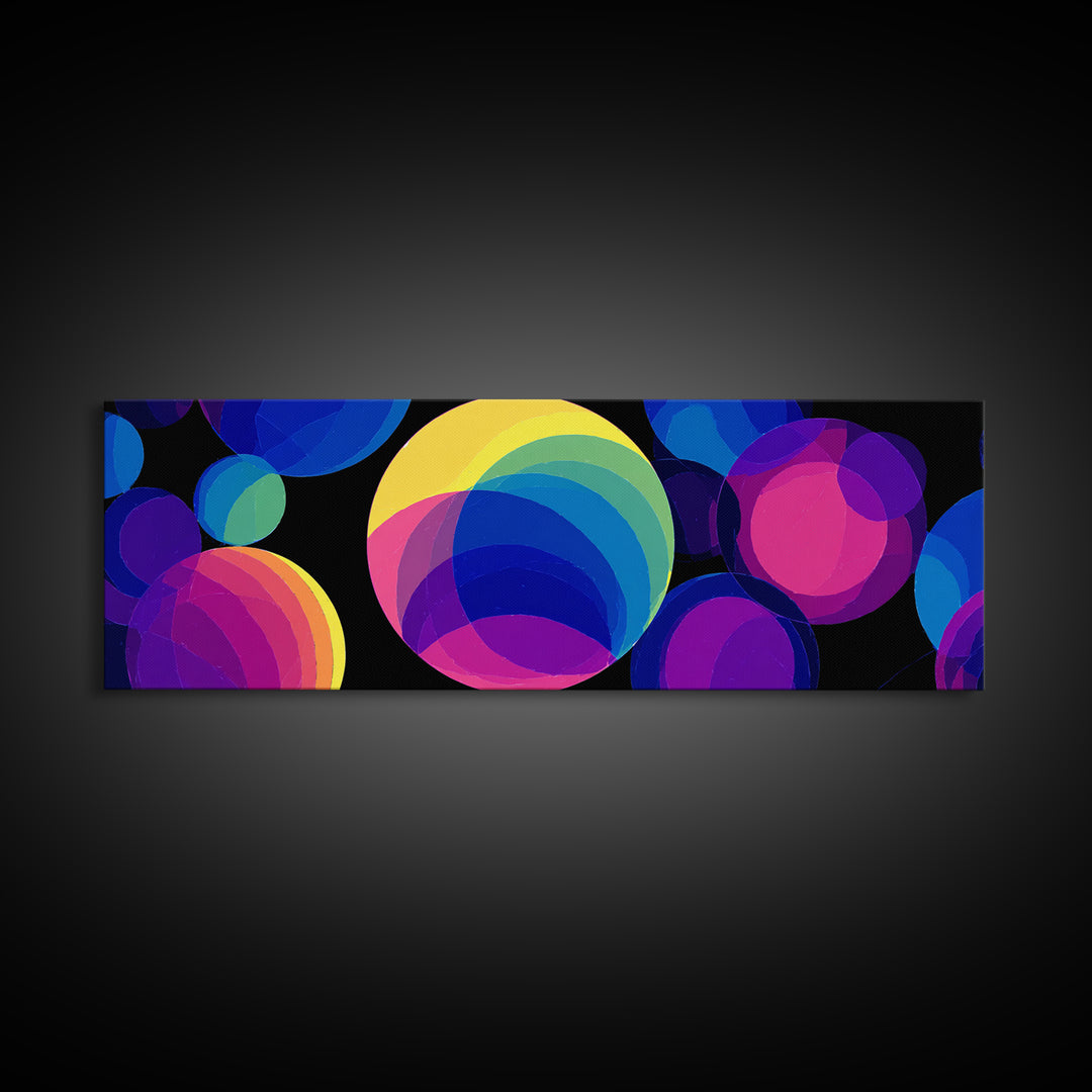 Colorful Overlapping Bubble Circles On Black Wall Art, Modern Abstract Art Print, Midcentury Pop Decor, Retro Geometric Poster