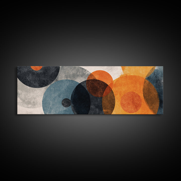 Textured Overlapping Gray Blue And Orange Circles Canvas Print, Modern Abstract Wall Art, Geometric MCM Decor, Neutral Poster