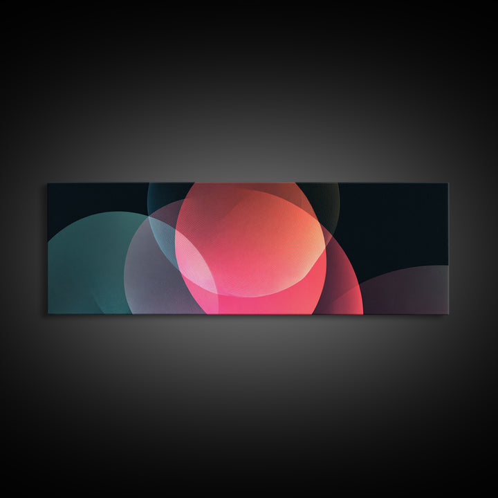 Glowing Translucent Neon Circles On Dark Framed Canvas Print, Modern Abstract Wall Art, Geometric Poster, Colorful Decor