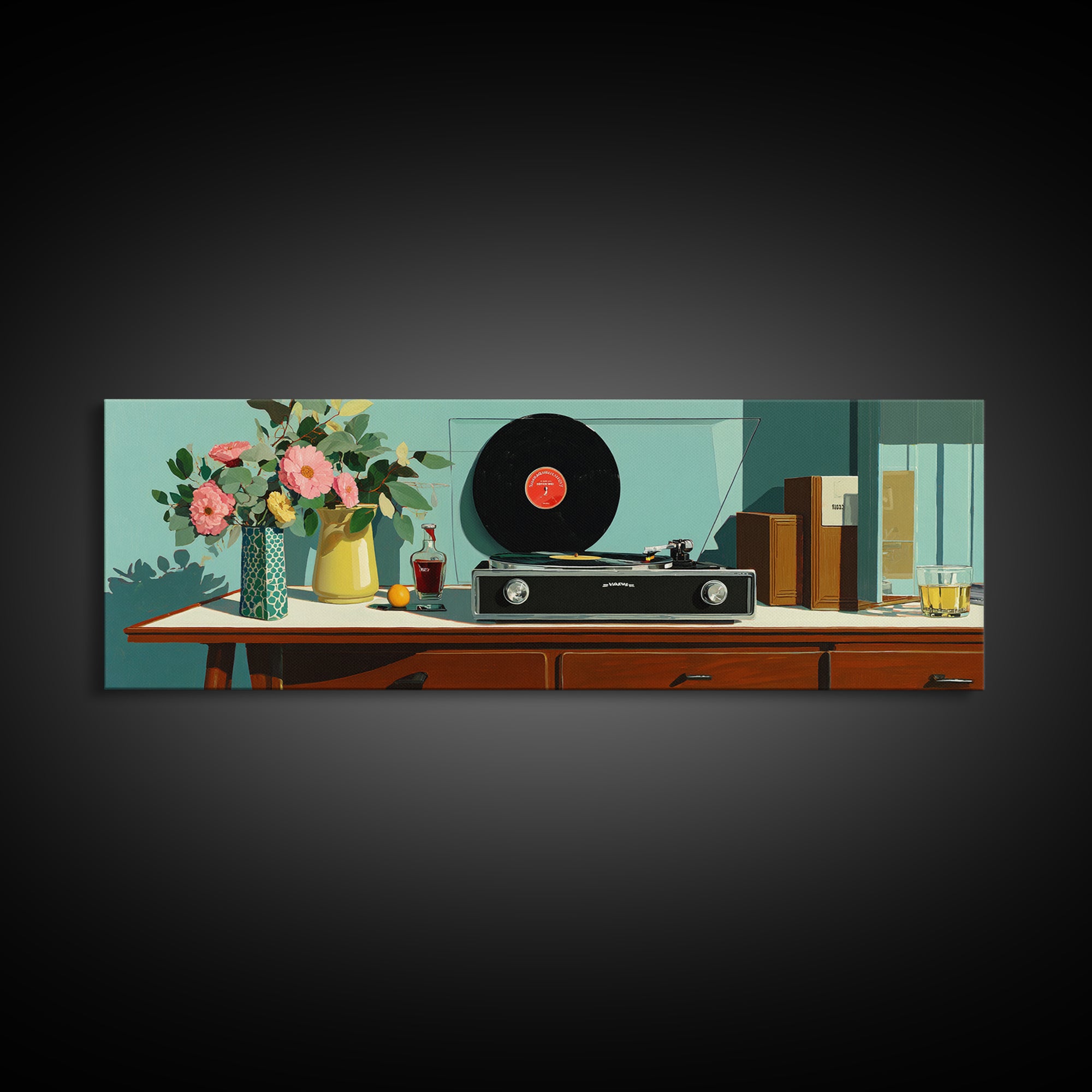 Teal Vinyl And Flower Console Canvas Print, Mid Century Modern Wall Decor, Record Player Art Print, Retro Living Room Decor